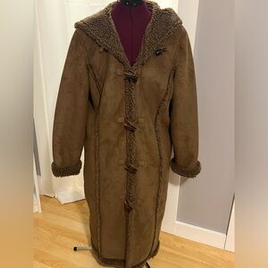 L.L. Bean Brown Toggle Button Hooded Sherpa Faux Fur Long Jacket, Women’s L
